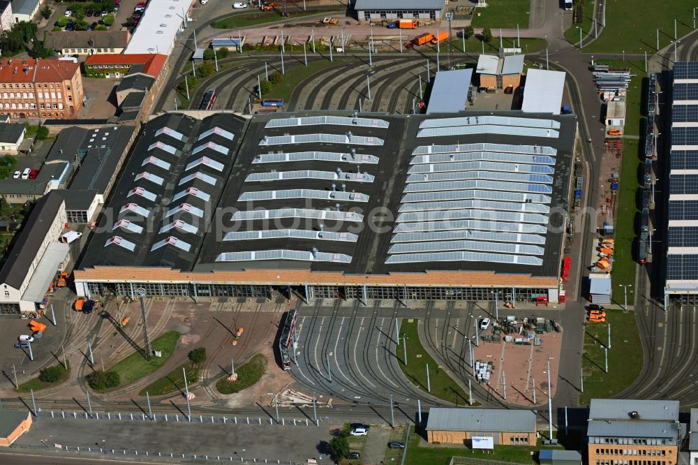 Halle (Saale) from the bird's eye view: Railway depot and repair shop for maintenance and repair of trains of passenger transport of HAVAG in Halle (Saale) in the state Saxony-Anhalt, Germany
