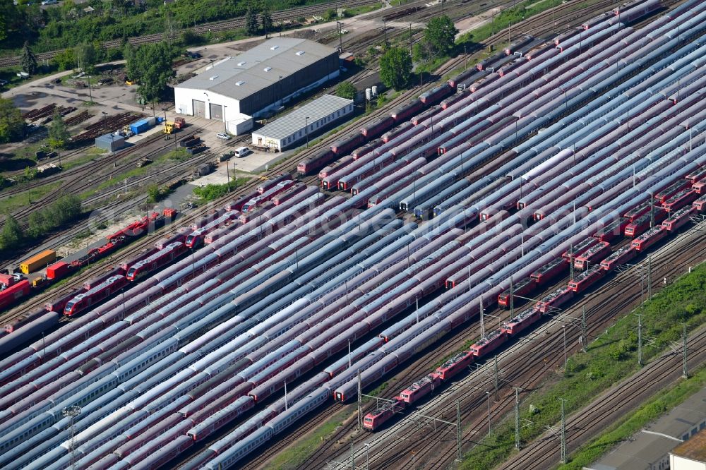 Aerial photograph Leipzig - Railway depot and repair shop for maintenance and repair of trains of passenger transport of the series in Leipzig in the state Saxony, Germany