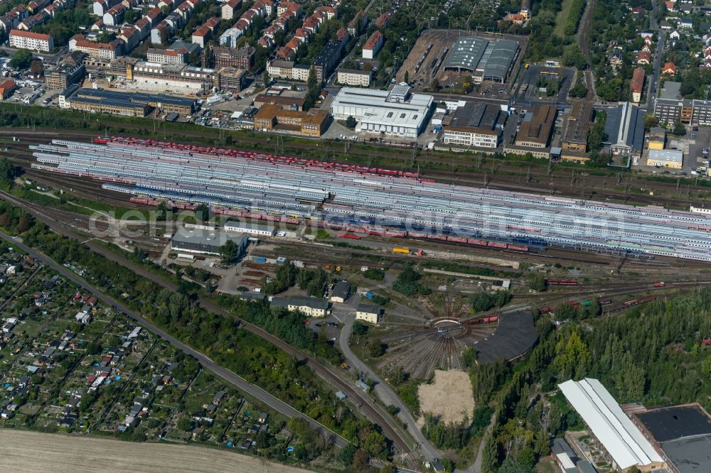 Leipzig from the bird's eye view: Railway depot and repair shop for maintenance and repair of trains of passenger transport of the series in Leipzig in the state Saxony, Germany
