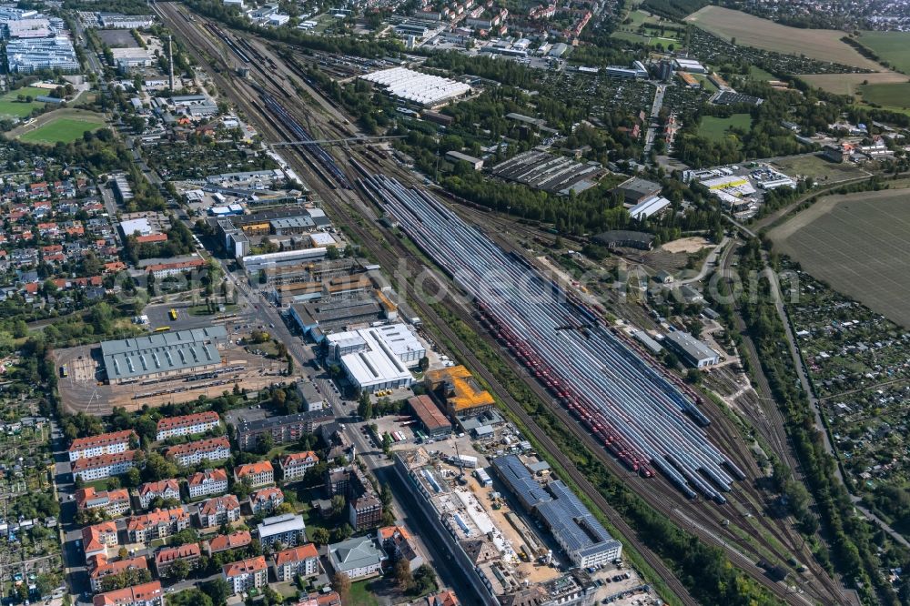 Leipzig from above - Railway depot and repair shop for maintenance and repair of trains of passenger transport of the series in Leipzig in the state Saxony, Germany