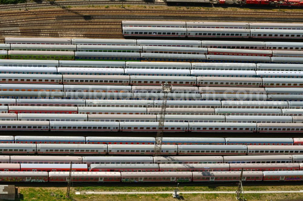 Aerial photograph Leipzig - Railway depot and repair shop for maintenance and repair of trains of passenger transport of the series in the district Paunsdorf in Leipzig in the state Saxony, Germany