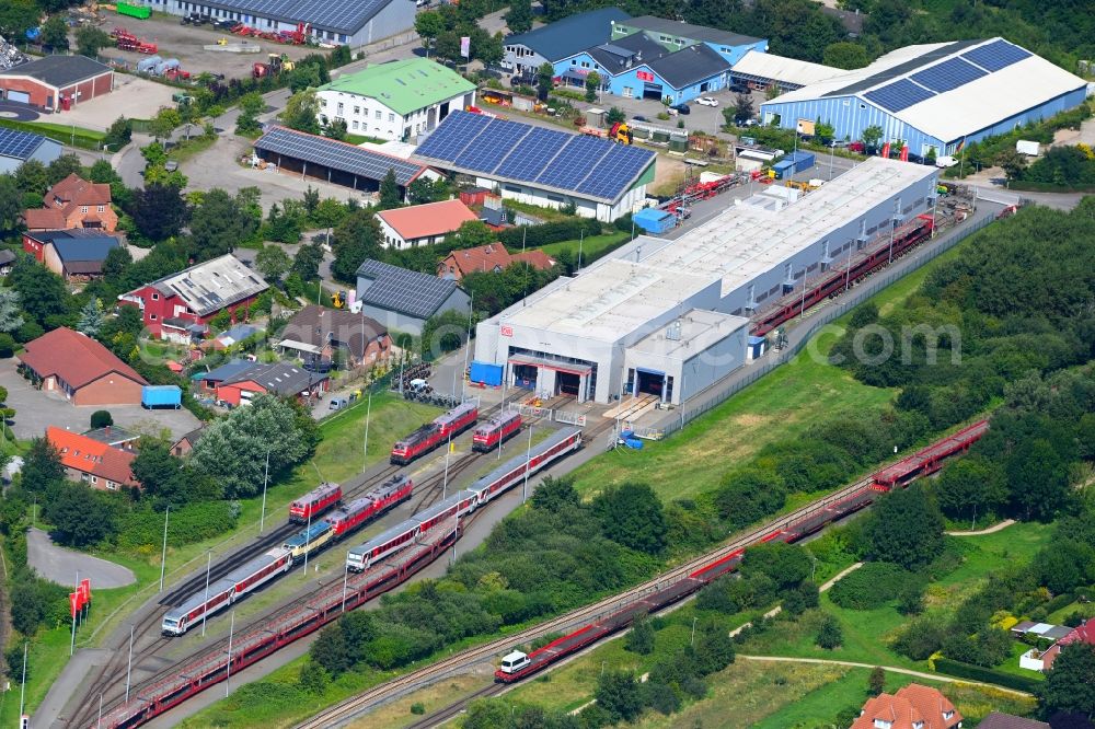 Aerial photograph Niebüll - Railway depot and repair shop for maintenance and repair of trains of passenger transport of Deutschen Bahn in Niebuell in the state Schleswig-Holstein, Germany