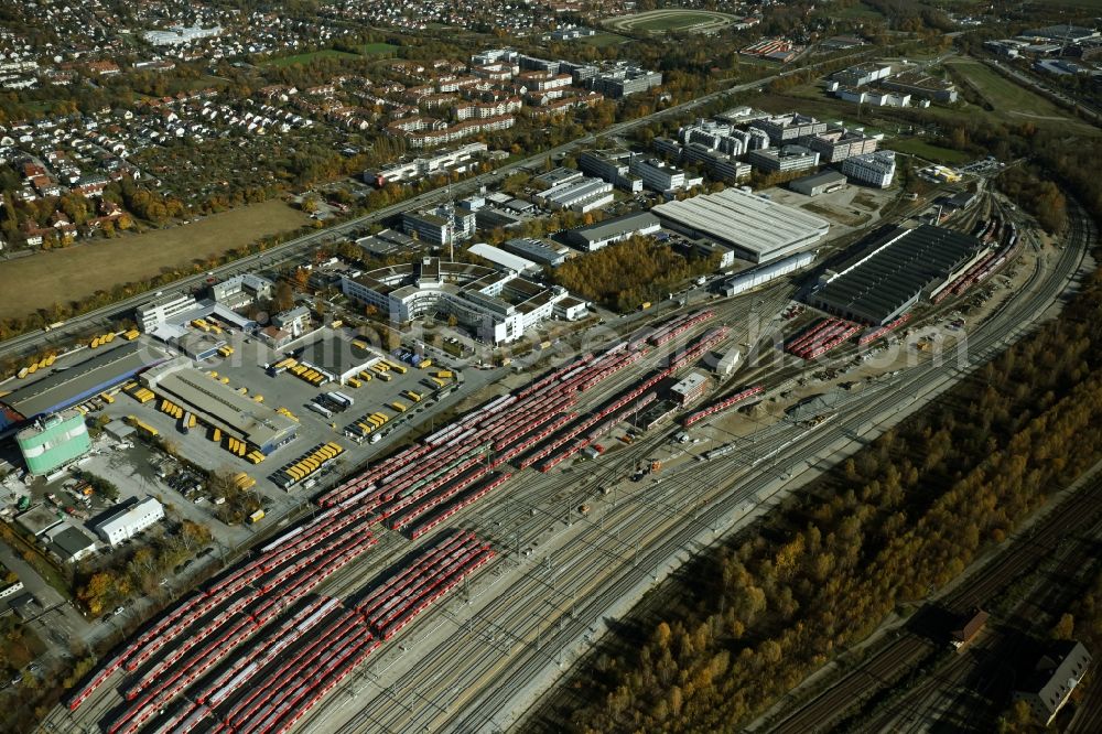 München from above - Railway depot and repair shop for maintenance and repair of trains of passenger transport of the series ET 420 001 in the district Bogenhausen in Munich in the state Bavaria, Germany