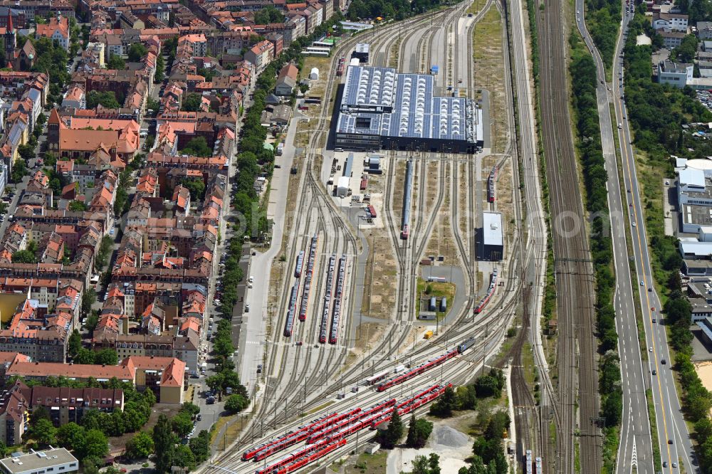 Nürnberg from above - Railway depot and repair shop for maintenance and repair of trains of passenger transport on Austrasse in the district Baerenschanze in Nuremberg in the state Bavaria, Germany