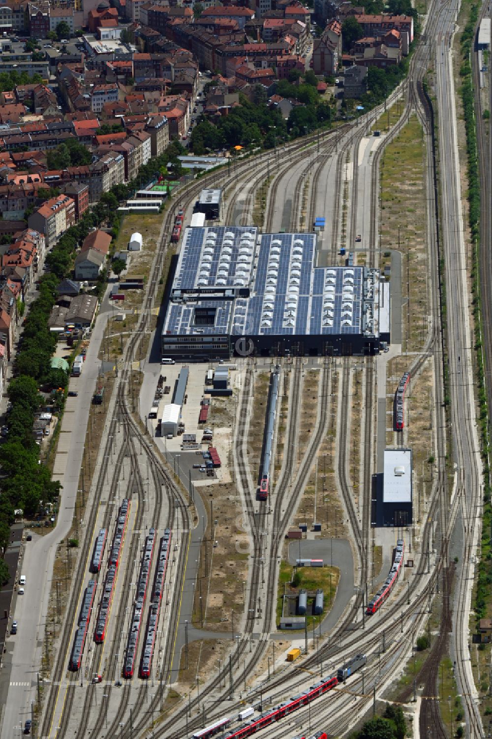 Nürnberg from the bird's eye view: Railway depot and repair shop for maintenance and repair of trains of passenger transport on Austrasse in the district Baerenschanze in Nuremberg in the state Bavaria, Germany