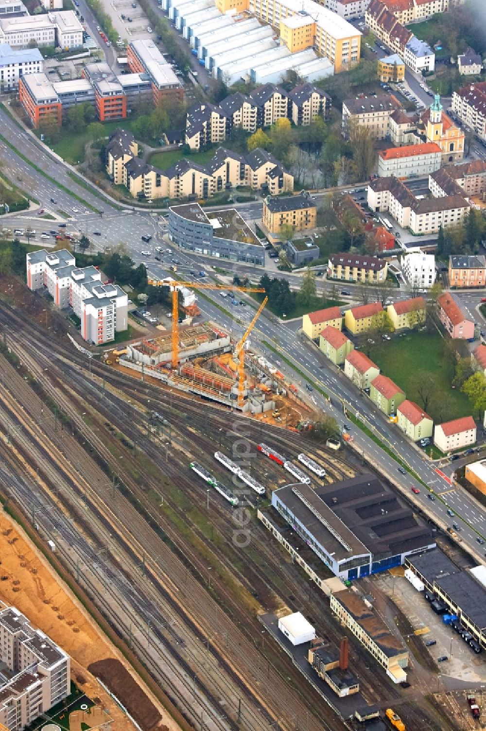 Aerial photograph Regensburg - Railway depot and repair shop for maintenance and repair of trains of passenger transport in the district Kumpfmuehl-Ziegetsdorf-Neupruell in Regensburg in the state Bavaria, Germany