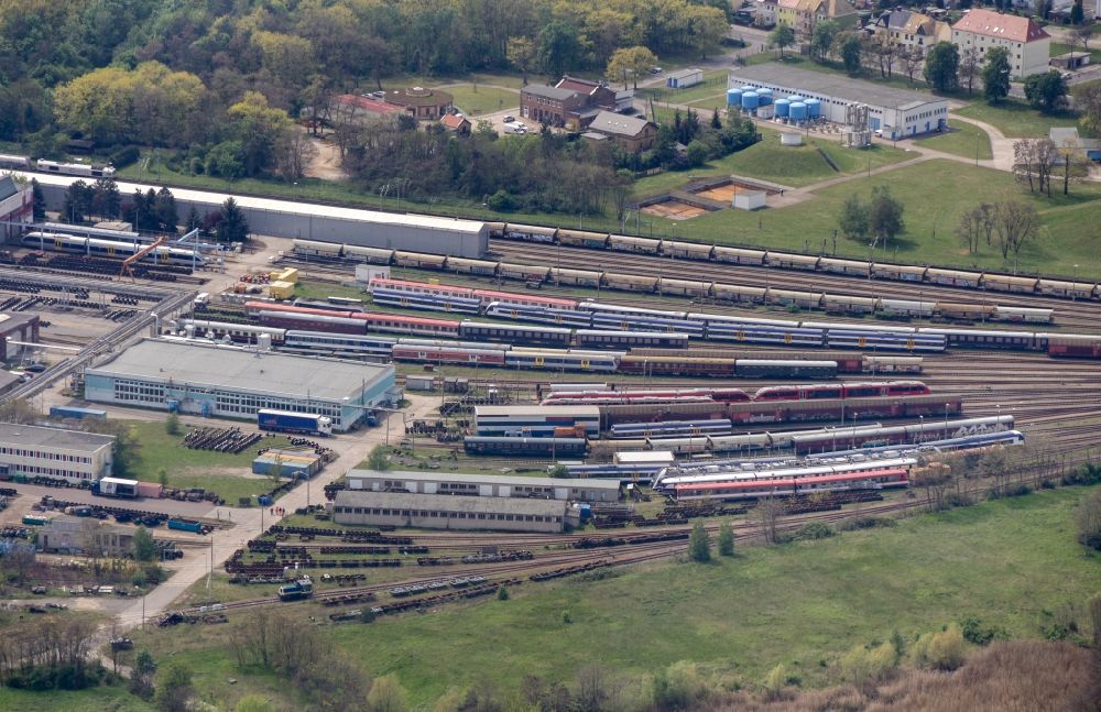 Aerial photograph Delitzsch - Railway depot and repair shop for maintenance and repair of trains of passenger transport in Delitzsch in the state Saxony