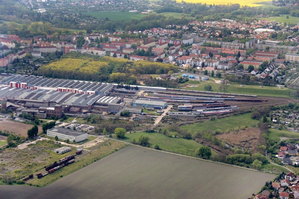 Delitzsch from above - Railway depot and repair shop for maintenance and repair of trains of passenger transport in Delitzsch in the state Saxony