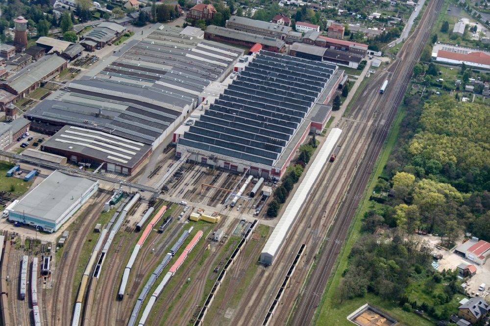 Delitzsch from the bird's eye view: Railway depot and repair shop for maintenance and repair of trains of passenger transport in Delitzsch in the state Saxony