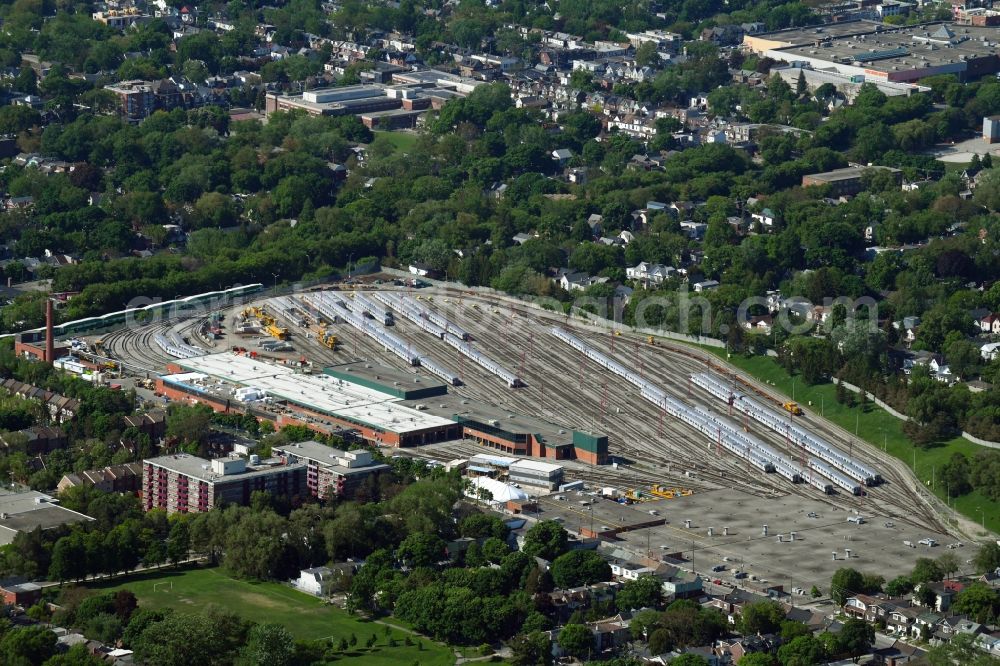 Aerial photograph Toronto - Railway depot and repair shop for maintenance and repair of trains of passenger transport of the series of TTC Greenwood Yard on Greenwood Ave in Toronto in Ontario, Canada