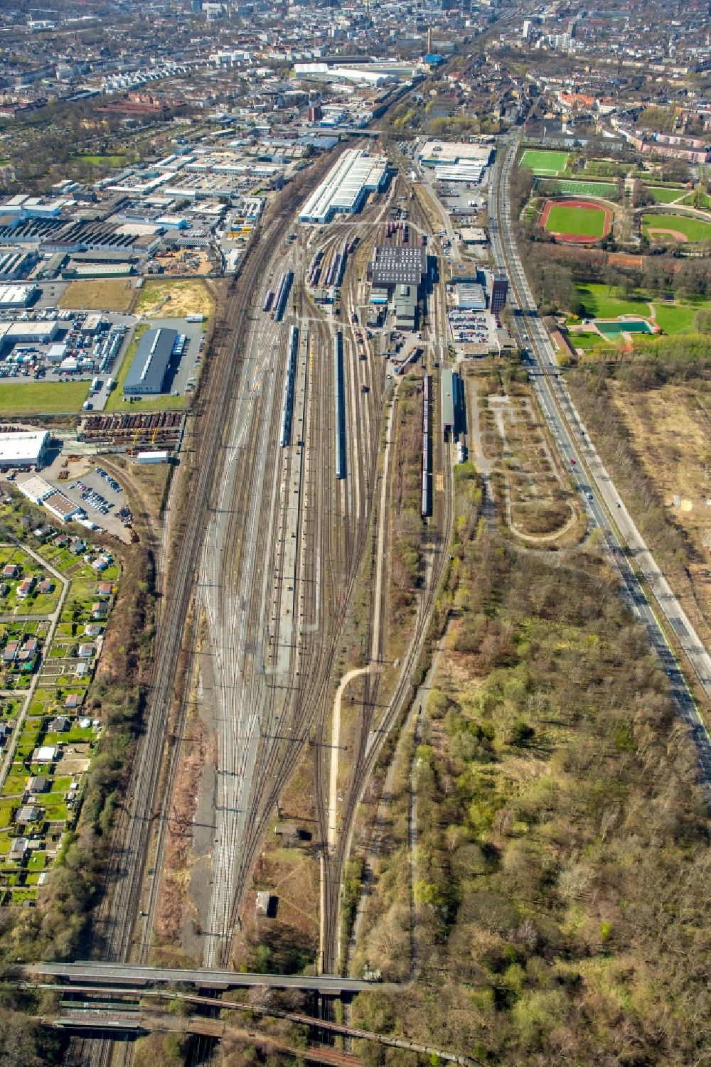 Dortmund from the bird's eye view: Marshalling yard and freight stations of the depot station of the Deutsche Bahn in Dortmund in the state of North Rhine-Westphalia