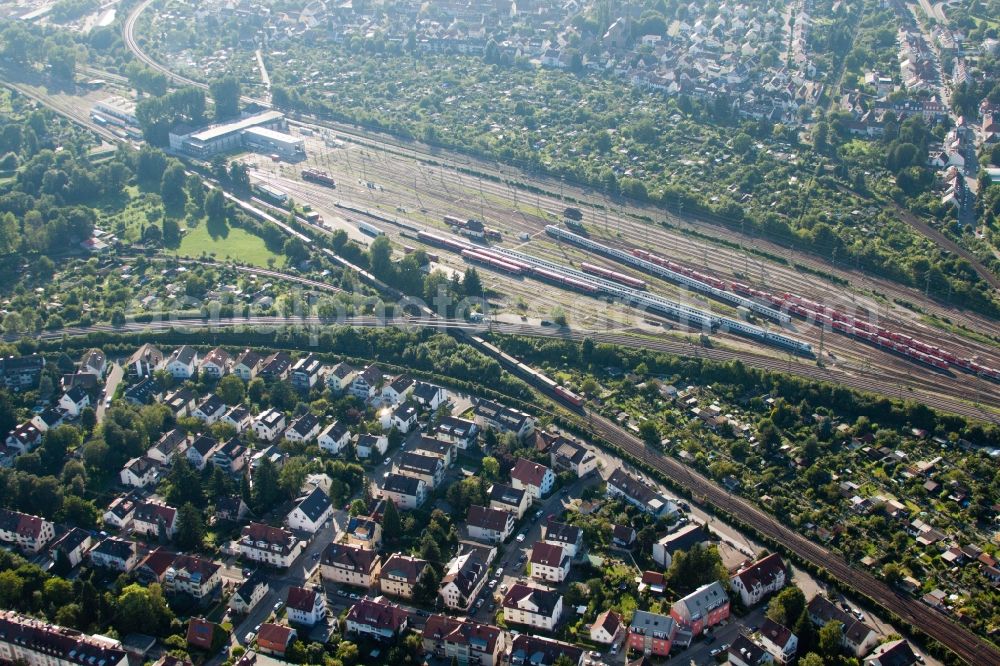 Karlsruhe from above - Railway depot and repair shop for maintenance and repair of trains in the district Weiherfeld - Dammerstock in Karlsruhe in the state Baden-Wuerttemberg