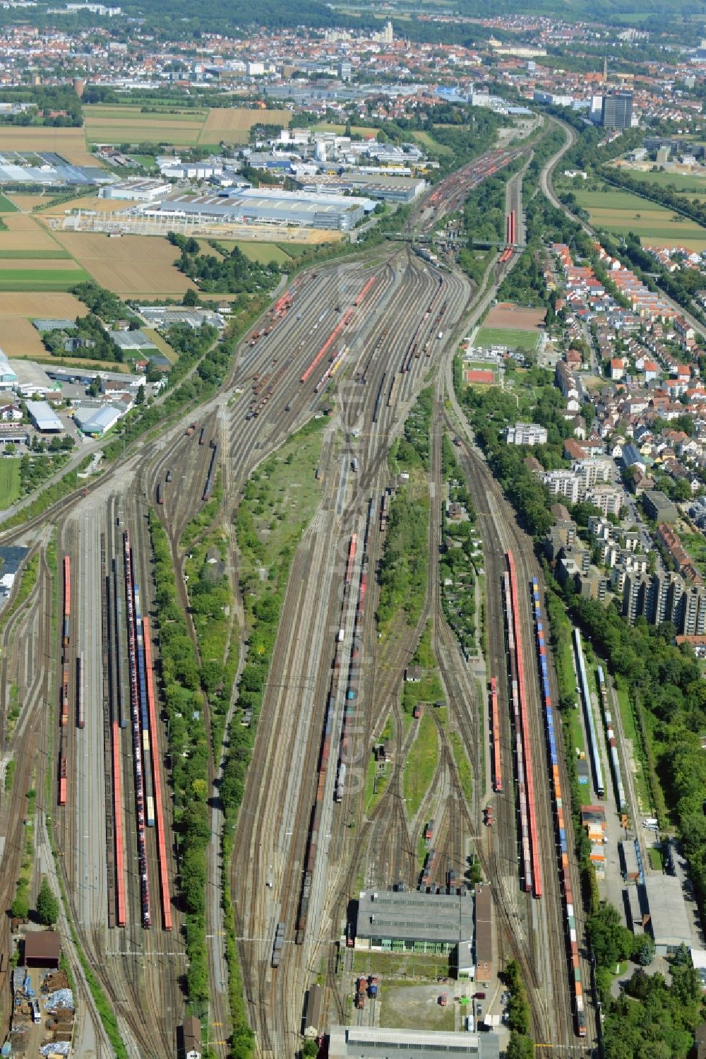 Aerial image Kornwestheim - Marshalling yard and freight station of the Deutsche Bahn in Kornwestheim in the state of Baden-Wuerttemberg. The yard is the second largest of the state