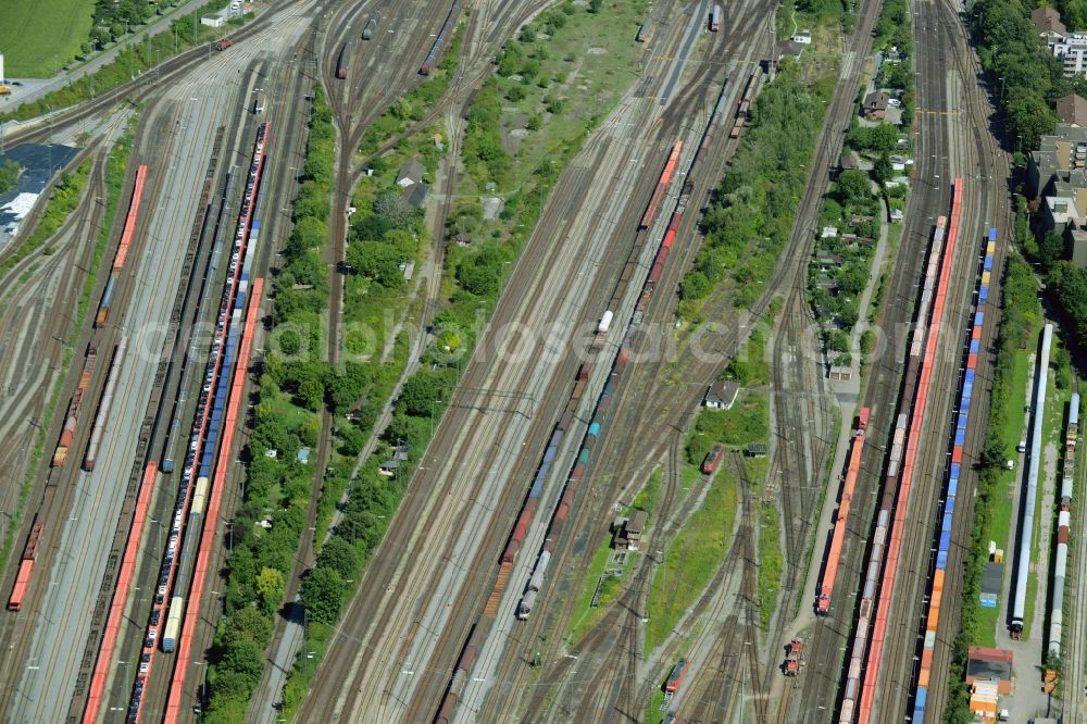 Kornwestheim from above - Marshalling yard and freight station of the Deutsche Bahn in Kornwestheim in the state of Baden-Wuerttemberg. The yard is the second largest of the state