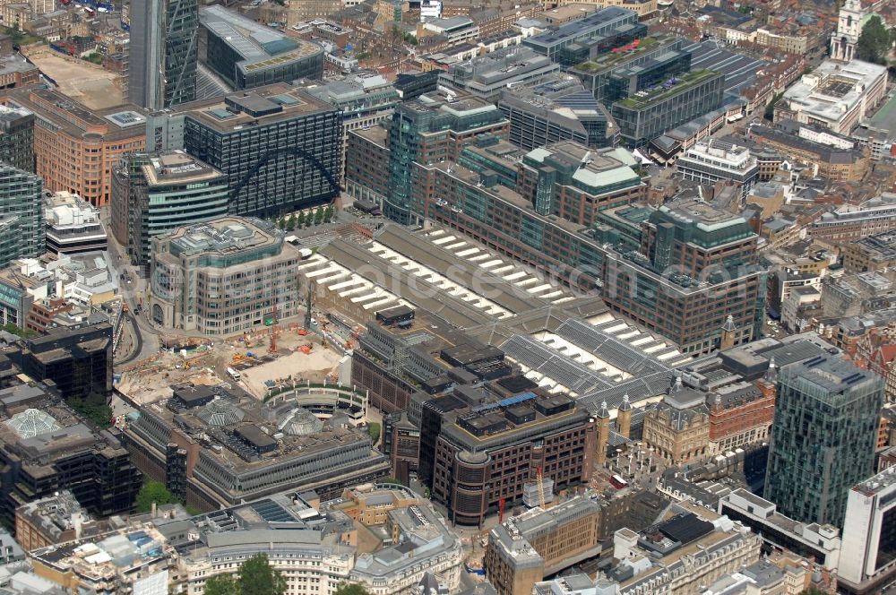 Aerial photograph London - View at the Liverpool Street Station and surrounding commercial buildings in the the district City of London in London in the county of Greater London in the UK. The underground situated Liverpool Street Station is one of the main stations in London. The trains running from here to the East of England are almost all operated by the Abellio Greater Anglia Ltd