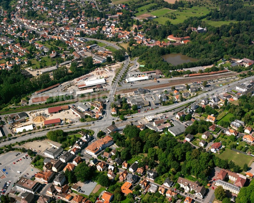 Aerial photograph Michelstadt - Track progress and building of the main station of the railway in Michelstadt in the state Hesse, Germany
