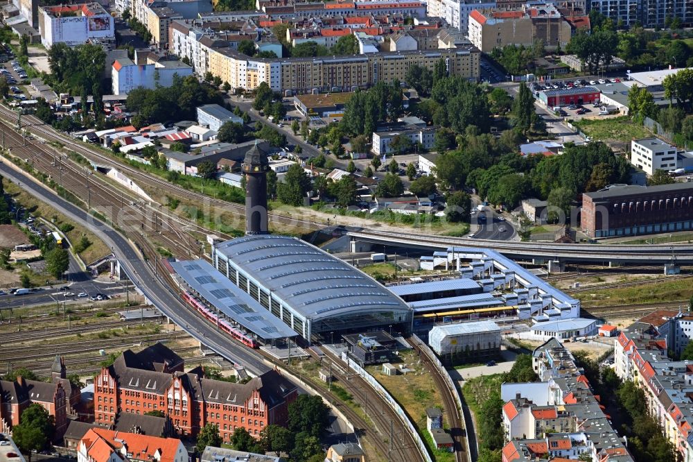 Berlin from the bird's eye view: Route expansion station - Warschauer road to east cross rail station Ostkreuz Friedrichshain district of Berlin