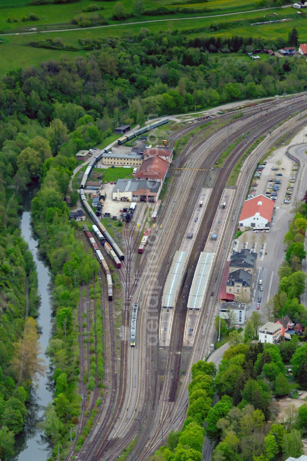 Rottweil from above - Marshalling yard and freight station and Museum derEisenbahnfreunde Zollernbahn in Rottweil in the state Baden-Wuerttemberg, Germany