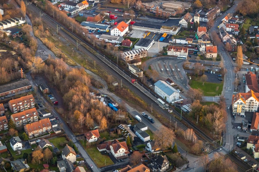 Werl from above - Aerial view of Werl train station with bus station in Grafenstrasse and cultural center and event center in Werl in the German state of North Rhine-Westphalia, Germany