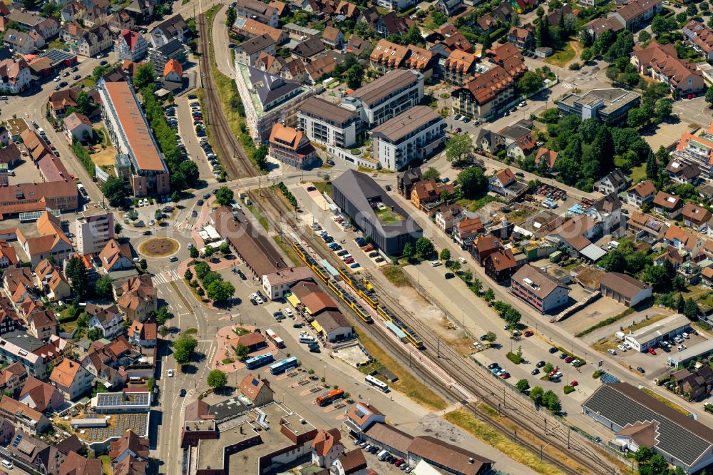 Aerial image Freudenstadt - Station building and track systems of the S-Bahn station in Freudenstadt at Schwarzwald in the state Baden-Wuerttemberg, Germany