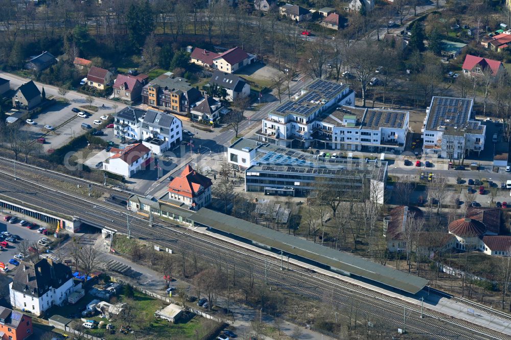Panketal from above - Station building and track systems of the S-Bahn station on street Schoenower Strasse in the district Zepernick in Panketal in the state Brandenburg, Germany