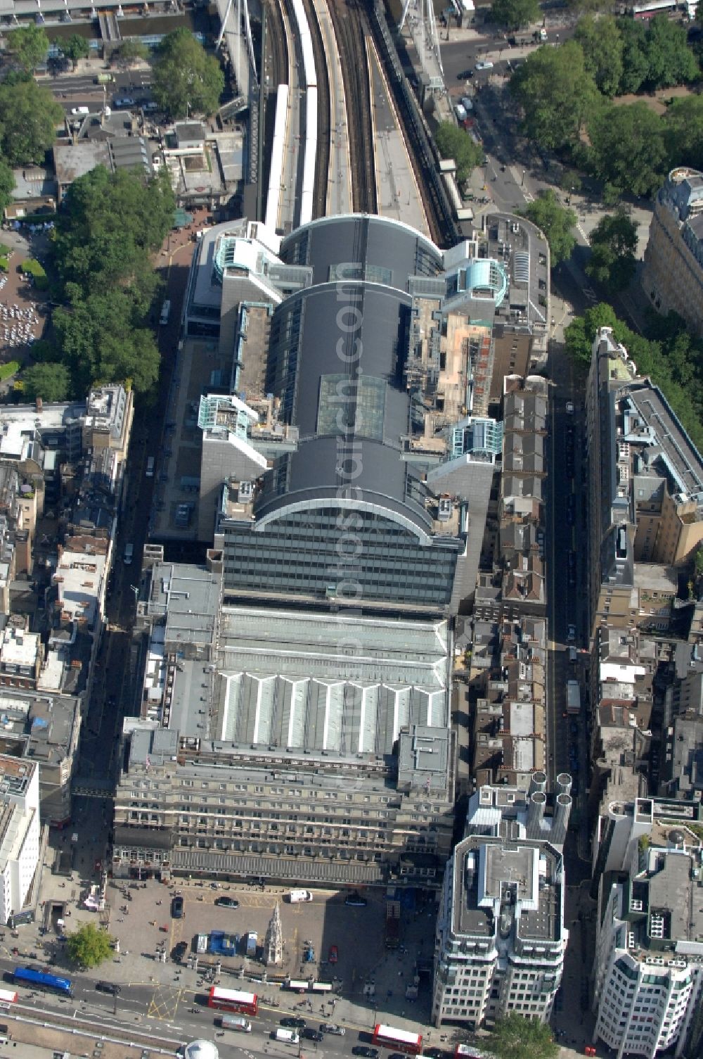 Aerial image London - Sight on the Charing Cross railway station in the London borough City of Westminster in the centre of London. The railway station Charing Cross is the fifth busiest rail terminal of London