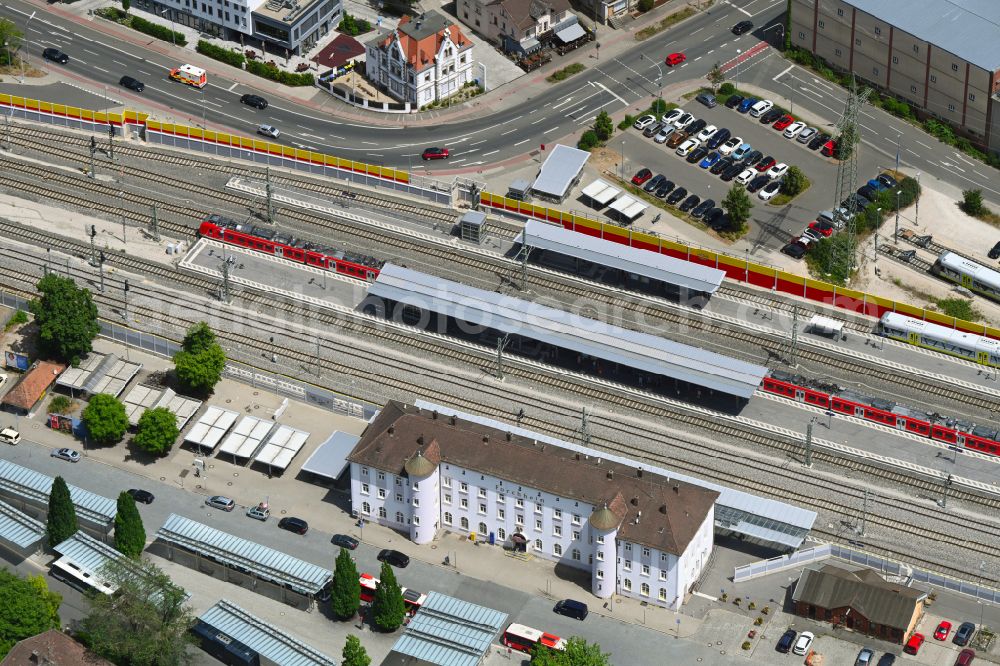 Forchheim from the bird's eye view: Station building and track systems of the S-Bahn station in Forchheim in the state Bavaria, Germany