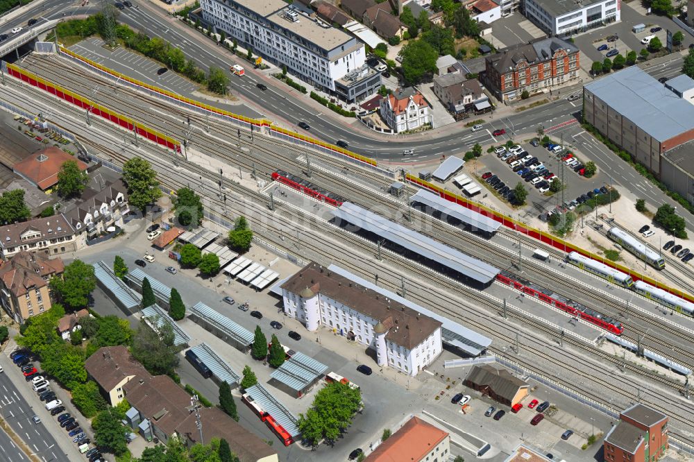 Aerial image Forchheim - Station building and track systems of the S-Bahn station in Forchheim in the state Bavaria, Germany