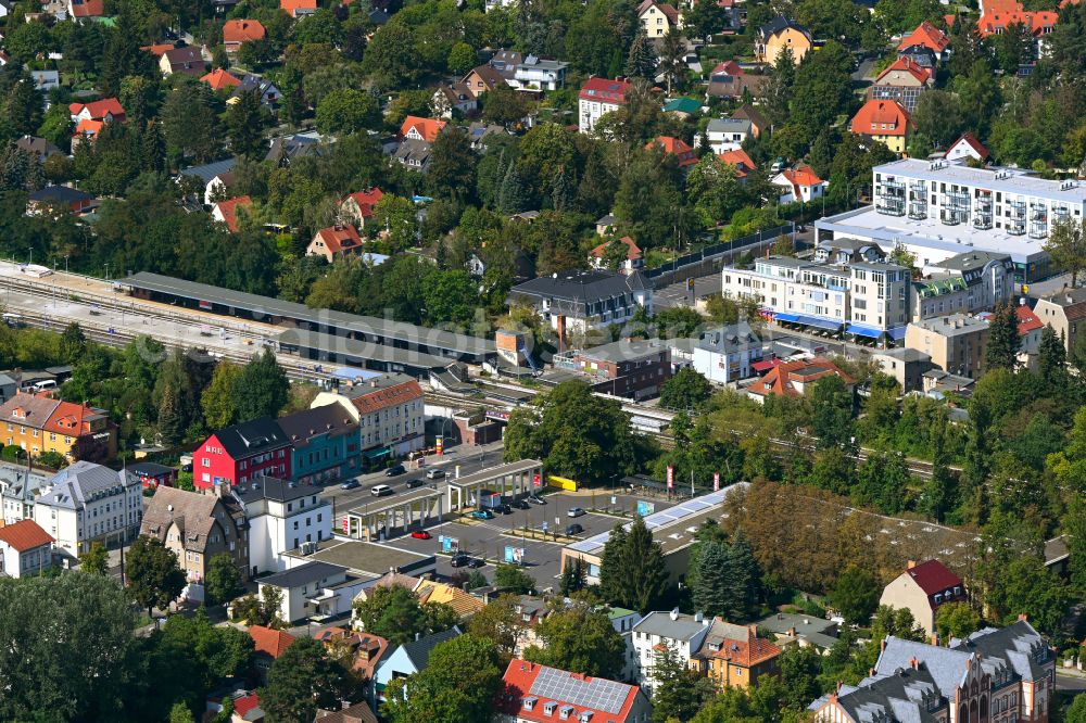 Aerial image Berlin - Station building and track systems of the S-Bahn station Mahlsdorf on Hoenower Strasse in Berlin