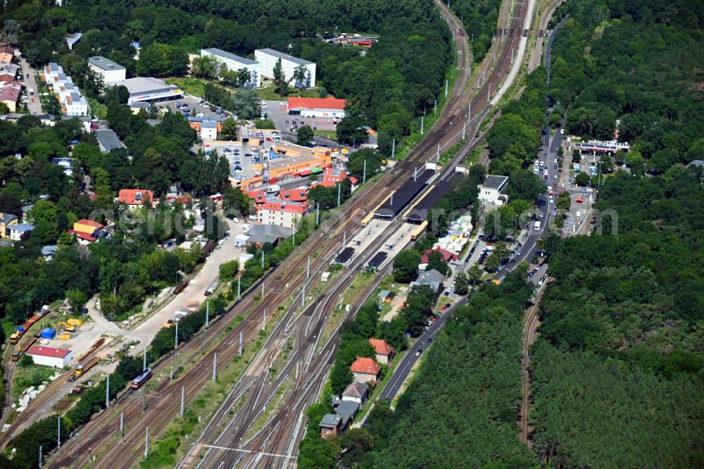 Berlin from above - Station building and track systems of the S-Bahn station in the district Gruenau in Berlin, Germany