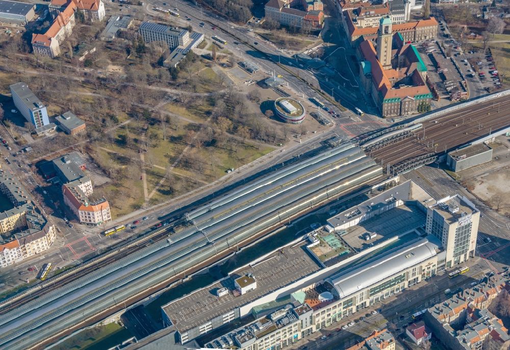 Berlin from above - Station building and track systems of the S-Bahn station in the district Spandau in Berlin, Germany