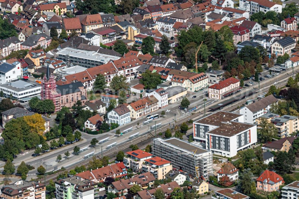Aerial image Schopfheim - Station building and track systems of the S-Bahn station in Schopfheim in the state Baden-Wurttemberg, Germany