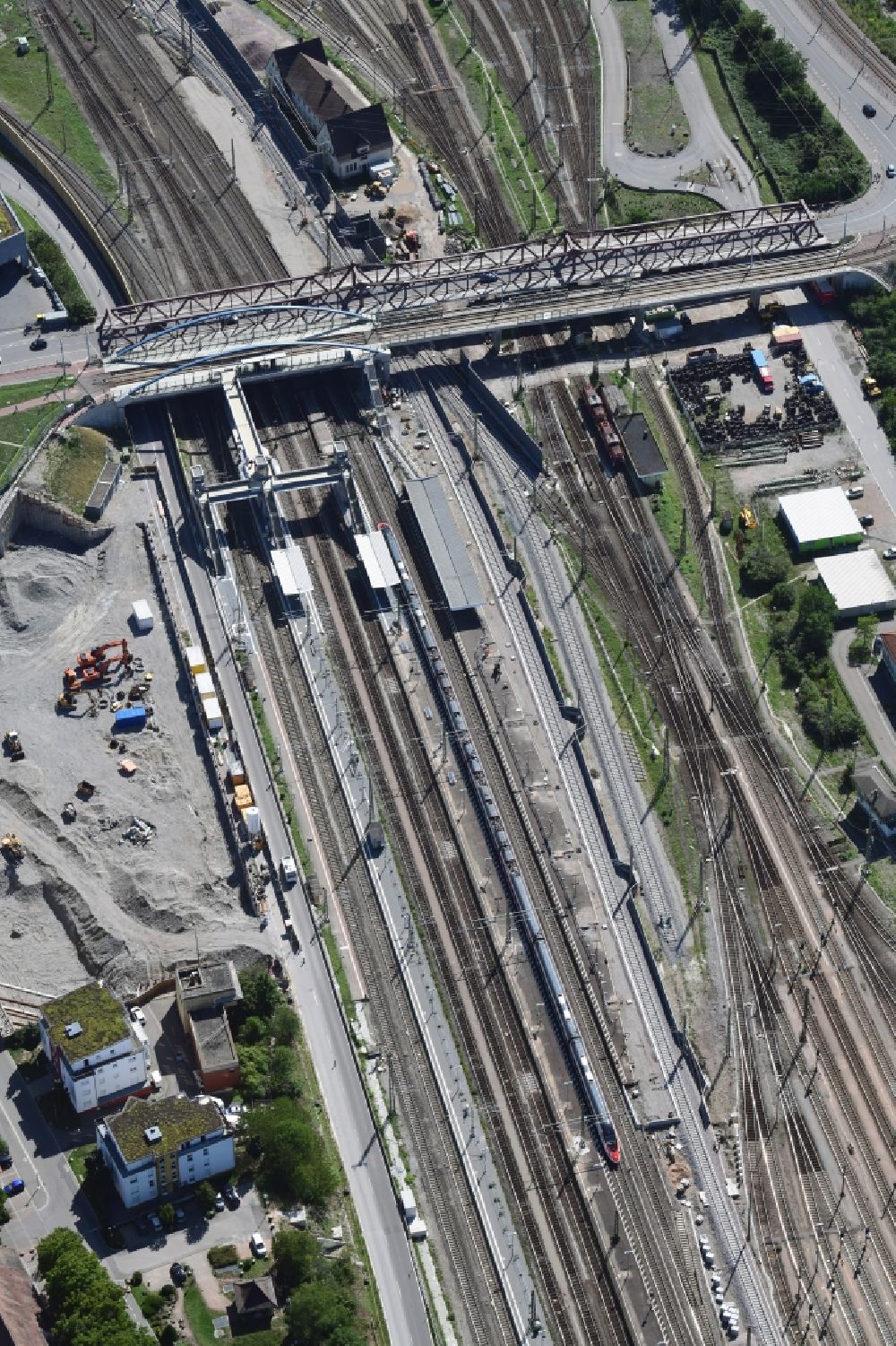 Aerial image Weil am Rhein - Station building and track systems of the S-Bahn station in Weil am Rhein in the state Baden-Wurttemberg, Germany