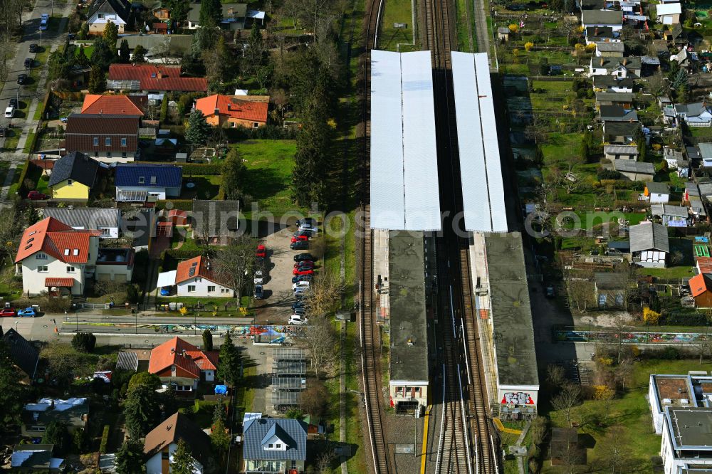 Berlin from above - Station building and track systems of Metro subway station Biesdorf-Sued on street Beruner Strasse in the district Biesdorf in Berlin, Germany