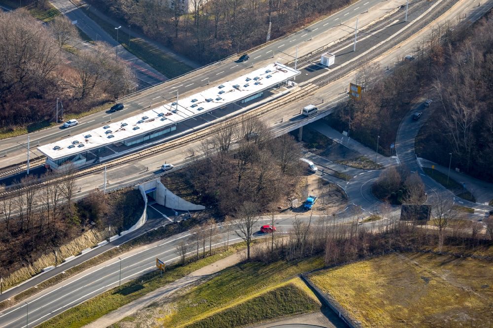 Bochum from above - Station building and track systems of Metro subway station Bochum Gesundheitscampus on Universitaetsstrasse in the district Querenburg in Bochum in the state North Rhine-Westphalia, Germany