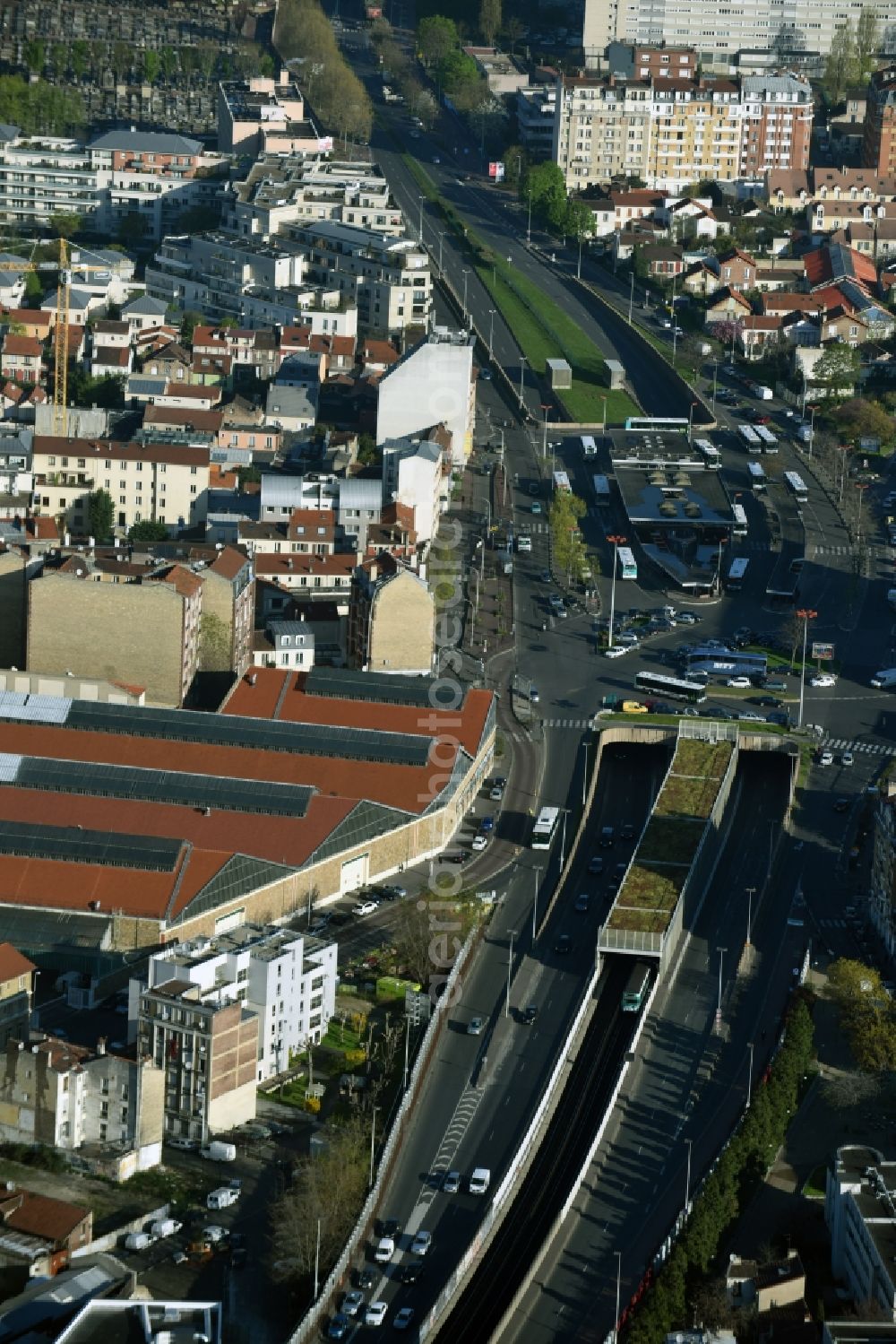 Aerial image Paris - Station building and track systems of Metro subway station Gabriel Peri Asnieres Gennevilliers in Paris in Ile-de-France, France