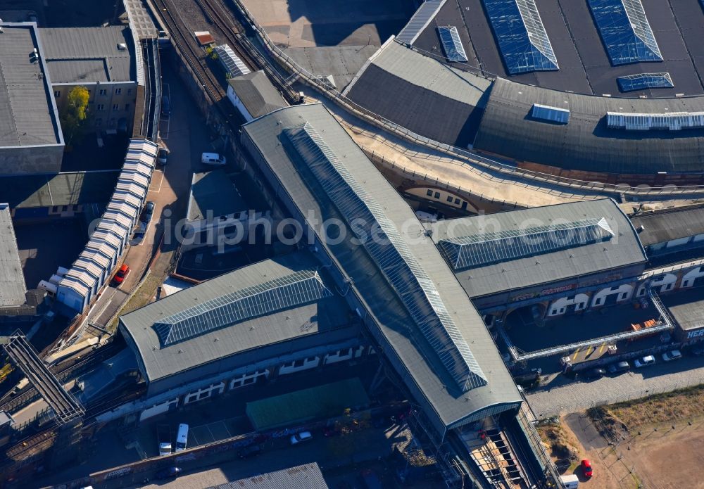 Berlin from the bird's eye view: Station building and track systems of Metro subway station Gleisdreieck in Berlin, Germany