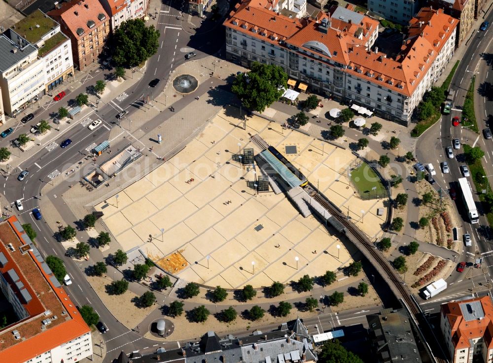 Stuttgart from above - Station building and track systems of Metro subway station Marienplatz with Zahnradbahn in the district Karlshoehe in Stuttgart in the state Baden-Wurttemberg, Germany