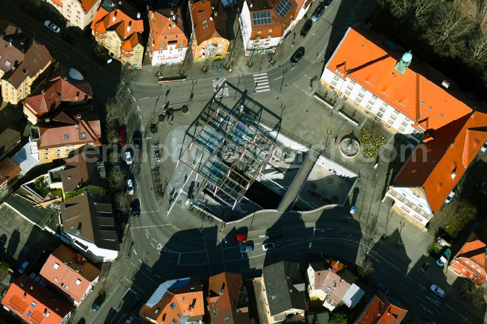 Aerial image Stuttgart - Station building and track systems of Metro subway station Wilhelm-Geiger-Platz in the district Feuerbach-Mitte in Stuttgart in the state Baden-Wurttemberg, Germany