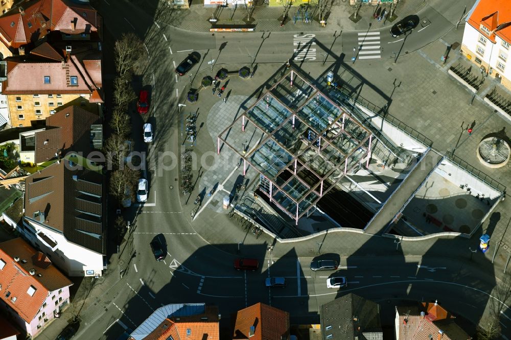 Aerial photograph Stuttgart - Station building and track systems of Metro subway station Wilhelm-Geiger-Platz in the district Feuerbach-Mitte in Stuttgart in the state Baden-Wurttemberg, Germany