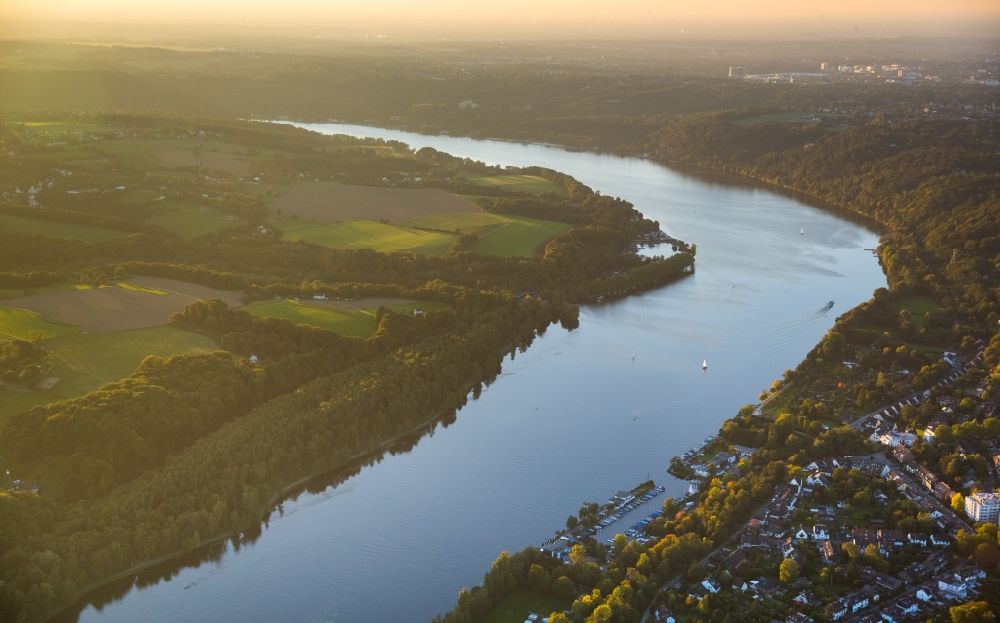Aerial photograph Essen - Sunset view of the lake Baldeneysee in Essen in the state North Rhine-Westphalia