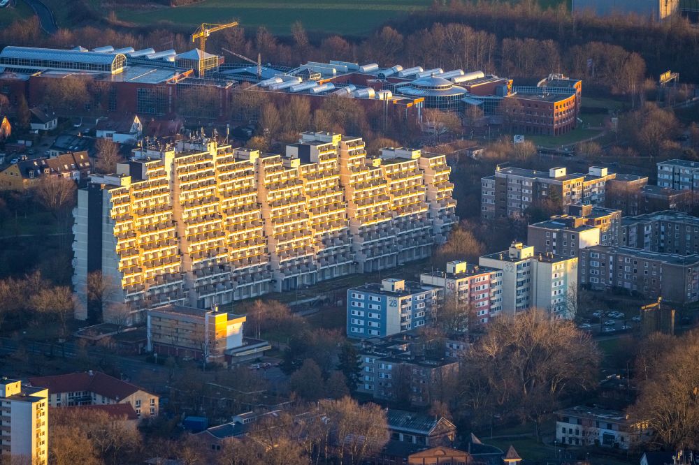 Dortmund from above - Balconies and windows Facade of the high-rise residential development Hannibal Dorstfeld on Vogelpothsweg in the district Dorstfeld in Dortmund in the state North Rhine-Westphalia, Germany