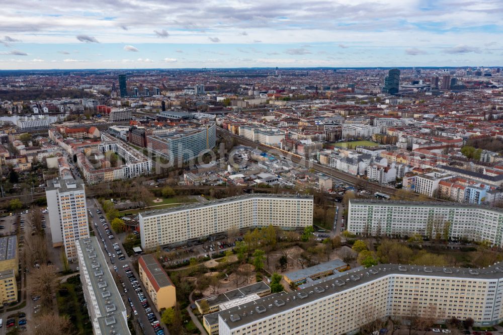 Aerial image Berlin - Balconies and windows Facade of the residential development on Guddorfstrasse in the district Lichtenberg in Berlin, Germany