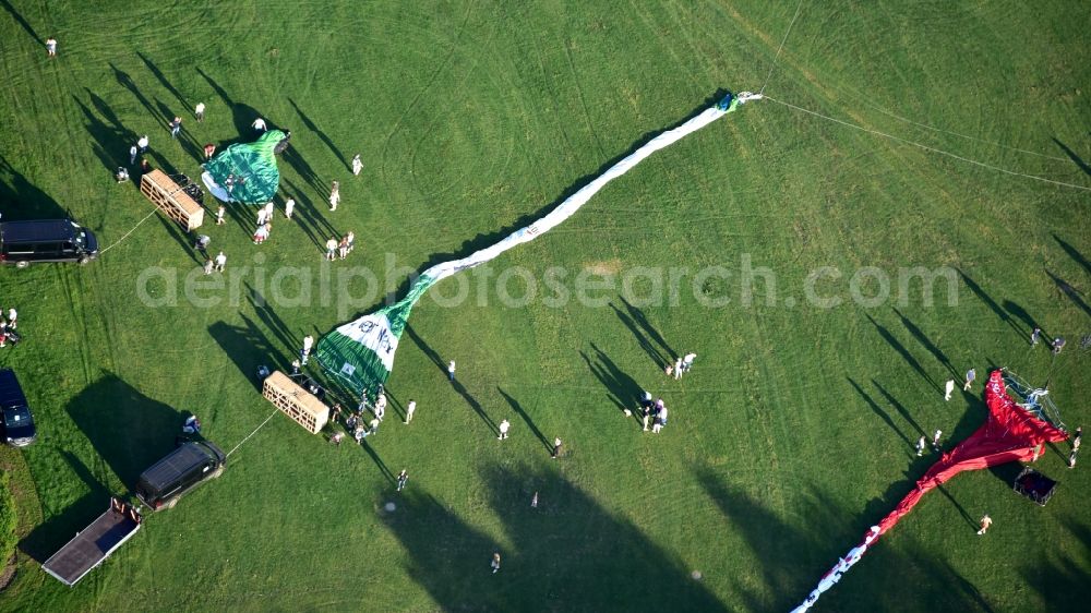 Bonn from above - Hot air balloon - preparation for take-off on the Rheinauen - meadows in the district Hochkreuz in Bonn in the state North Rhine-Westphalia, Germany