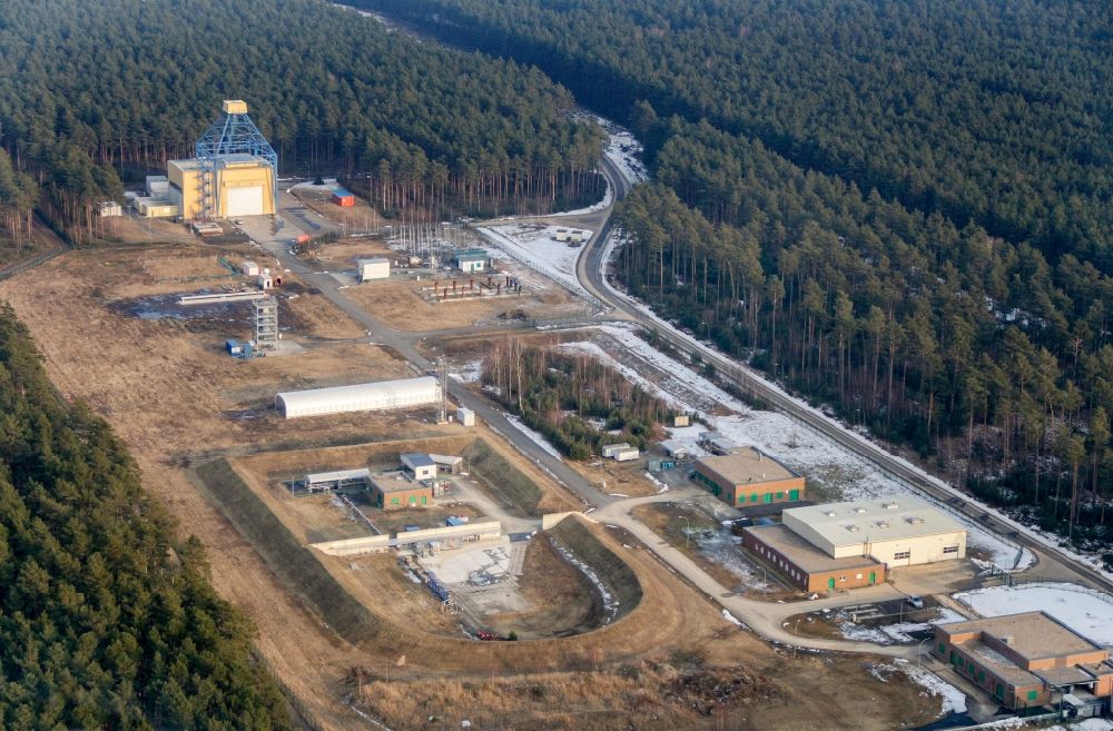 Aerial image Am Mellensee - BAM test compound for technical safety in Horstwalde in the state of Brandenburg. The federal institute for materials research and testing owns a large test facility in a forest in the county district of Teltow-Flaeming
