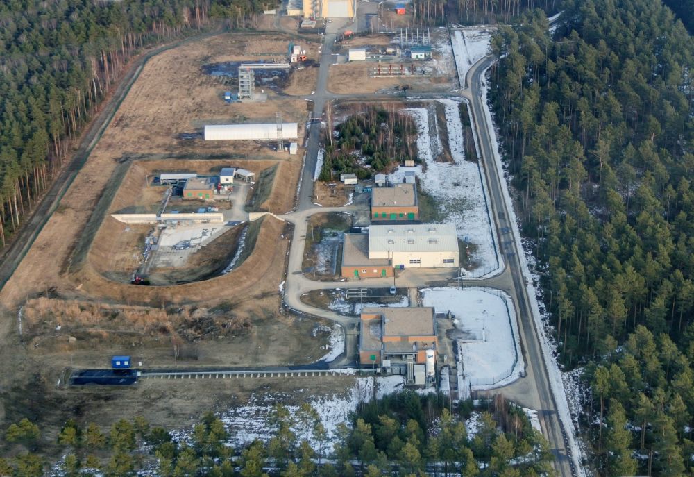 Aerial photograph Am Mellensee - BAM test compound for technical safety in Horstwalde in the state of Brandenburg. The federal institute for materials research and testing owns a large test facility in a forest in the county district of Teltow-Flaeming