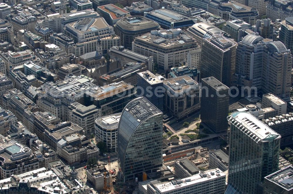 Aerial image London - Views of a banking and business district between London Wall and Cheapside in the district City of London in London in the county of Greater London in the UK. Here are among others the Commerzbank, Standard Chartered Bank, the City of London police headquarters, the Mayor's and City of London Court as well as various galleries and museums located