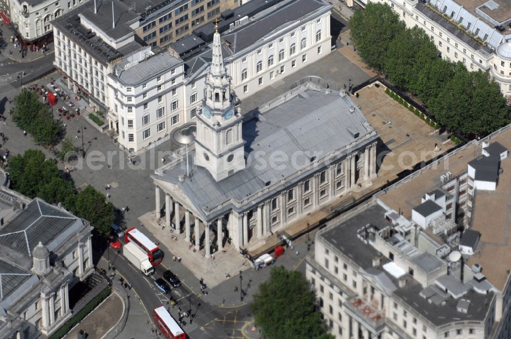 Aerial photograph London - View at the Baptist church Saint Martin-in-the-Fields on Traflgar Square in the District City of Westminster in London in the United Kingdom. The church is also used as a concert venue