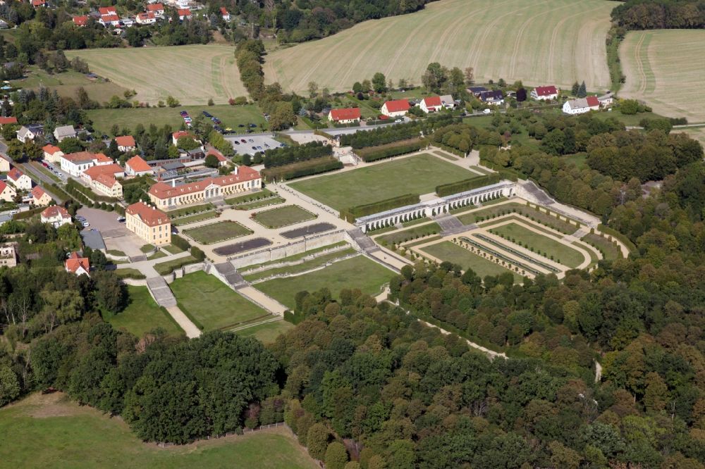 Aerial image Heidenau - Grossedlitz's baroque garden with lock in Heidenau in Saxony. The Grossedlitz baroque garden with the Frederick lodge and upper and lower Orangery is situated on a hill in the town of Heidenau