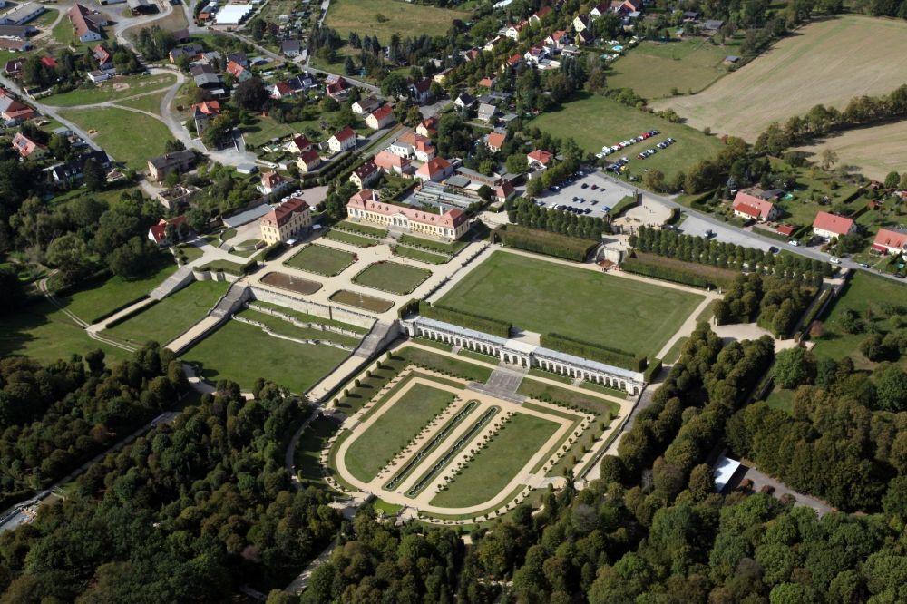 Heidenau from above - Grossedlitz's baroque garden with lock in Heidenau in Saxony. The Grossedlitz baroque garden with the Frederick lodge and upper and lower Orangery is situated on a hill in the town of Heidenau